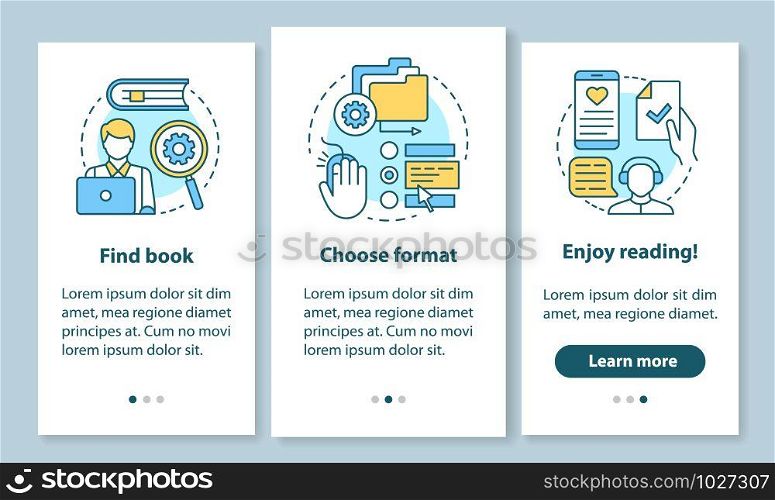 Online library onboarding mobile app page screen with linear concepts. E-library service options 3 walkthrough steps graphic instructions. UX, UI, GUI vector template with illustrations