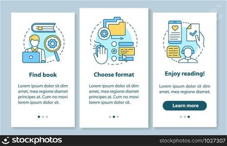 Online library onboarding mobile app page screen with linear concepts. E-library service options 3 walkthrough steps graphic instructions. UX, UI, GUI vector template with illustrations