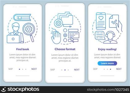 Online library onboarding mobile app page screen with linear concepts. E-library service options 3 walkthrough steps graphic instructions in blue. UX, UI, GUI vector template with illustrations