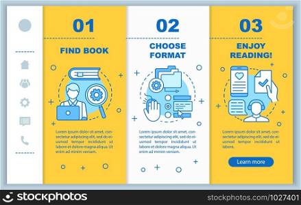 Online library onboarding mobile web pages vector template. Read ebooks. Responsive smartphone website interface idea with linear illustrations. Webpage walkthrough step screens. Color concept