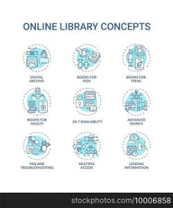 Online library oncept icons set. Getting access to information idea thin line RGB color illustrations. New technologies. Types of digital libraries. Vector isolated outline drawings. Editable stroke. Online library oncept icons set