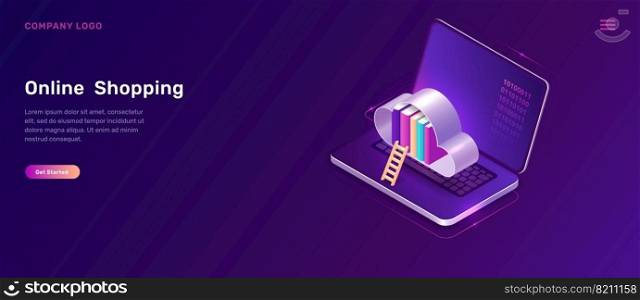 Online library or education isometric concept vector illustration. Open laptop, cloud with book library and wooden ladder on violet background, landing web site page for educational, language courses. Online library or education isometric concept