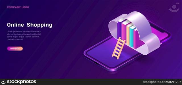 Online library or education isometric concept vector illustration. Mobile phone, cloud with book library and wooden ladder on violet background, landing web site page for educational, language courses. Online library or education isometric concept