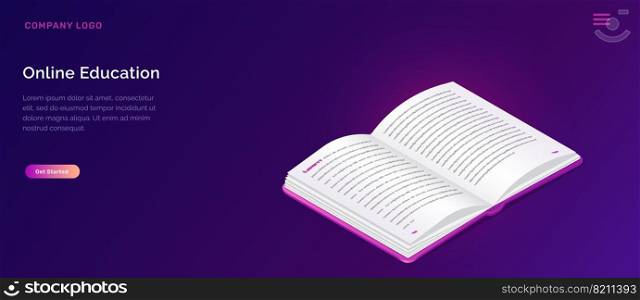 Online library or education isometric concept vector illustration. Book with open pages on violet background, landing web site page for educational, language courses. Online library or education isometric concept