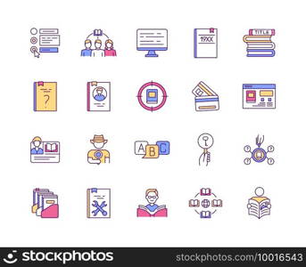 Online library RGB color icons set. Types of digital libraries. Free infromation access. Different types of books. Literature for adults, kids and teen. Digital learning. Isolated vector illustrations. Online library RGB color icons set