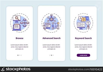 Online library search types onboarding mobile app page screen with concepts. Advanced search walkthrough 3 steps graphic instructions. UI vector template with RGB color illustrations. Online library search types onboarding mobile app page screen with concepts