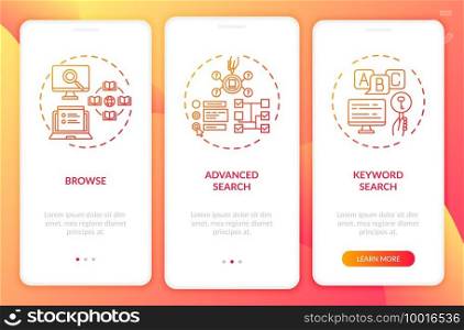 Online library search types onboarding mobile app page screen with concepts. Searching by subject walkthrough 3 steps graphic instructions. UI vector template with RGB color illustrations. Online library search types onboarding mobile app page screen with concepts