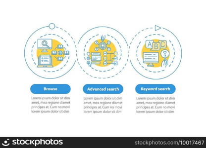 Online library search types vector infographic template. Advanced search presentation design elements. Data visualization with 3 steps. Process timeline chart. Workflow layout with linear icons. Online library search types vector infographic template