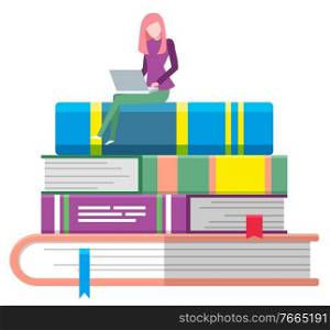 Online library, student reading through laptop on books stack, knowledge concept vector. Literature or textbooks, encyclopedias pile, studying material. Internet portal, web education illustration. Books Pile and Student on Top with Laptop Icon