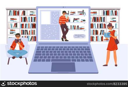 Online library vector concept. Students reading, boy with book on computer screen. Geek education, teens read books. Web bookstore readers vector scene of university online knowledge illustration. Online library vector concept. Students reading, boy with book on computer screen. Geek education, teens read books. Web bookstore readers vector scene