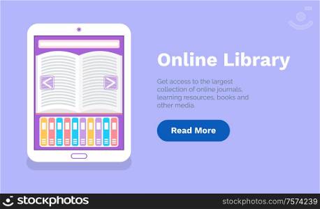 Online library web page template, using tablet for distance learning and education. Electronic version of book, journal and other media in gadget vector. Online Library Web Page Template, Education Vector