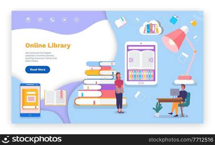 Online library, website, landing page concept, electronic books, e-books, read literature in smartphone, at digital tablet, media book library, e-learning education online in internet, e-library. Online library, website, landing page concept, electronic books, e-books, read literature in phone