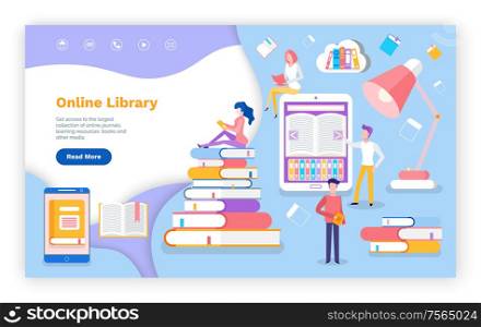 Online library with access to books for students vector. Cell phone with information, woman reading book preparing for exam. Man with ebook and notebook. Online Library with Access to Books for Students