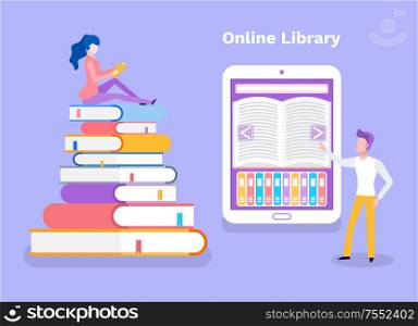 Online library woman sitting on pile of books vector. Lady studying, self education, man standing by ebook with opened literary work. Access to material. Online Library Woman Sitting on Pile of Books