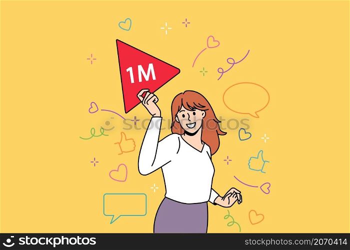 Online life and followers concept. Smiling positive woman blogger standing holding red sign with one million followers lettering on it feeling successful vector illustration . Online life and followers concept