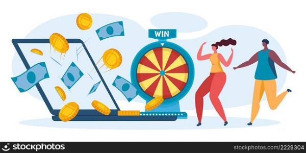 Online lottery game concept. Internet gambling, man and woman winning jackpot. Banknotes and gold coins falling to laptop. Cartoon characters winning money, players spinning wheel vector. Online lottery game concept. Internet gambling, man and woman winning jackpot. Banknotes and gold coins falling to laptop