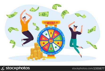 Online lottery game concept. Man and woman winning jackpot on spinning wheel. Characters jumping, money banknotes falling down. Gambling, cartoon people having lucky chance in game vector. Online lottery game concept. Man and woman winning jackpot on spinning wheel. Characters jumping, money banknotes falling