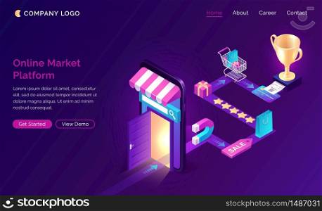 Online market platform isometric landing page, customer journey road map. Buyer shopping experience route, business marketing strategy. Stages of buying since wish to purchase. 3d vector web banner. Online market platform isometric landing page,