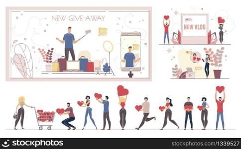 Online Marketing Campaign, Product Brand, Company Advertising in Internet, Effective Promotion in Social Media Concept. Man, Woman Following Popular Blogger or Vlogger Trendy Flat Vector Illustration