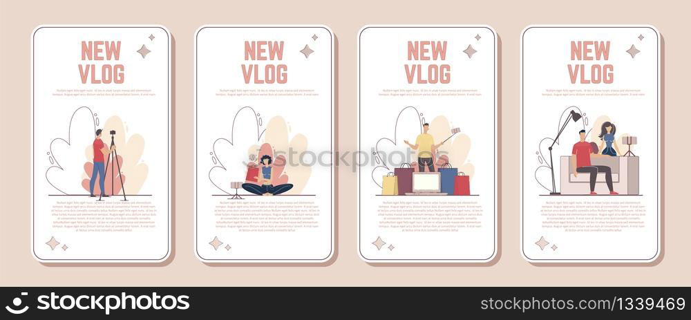 Online Marketing Campaign, Video Blogger Channel, Shopping Guide and Products Review Vlog Advertising Banner, Promo Poster Set. Blogger Recommending Goods to Followers Trendy Flat Vector Illustration