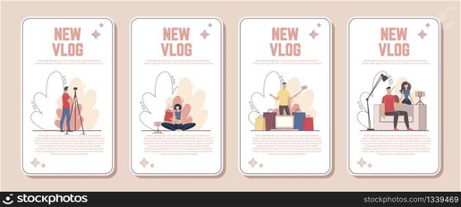 Online Marketing Campaign, Video Blogger Channel, Shopping Guide and Products Review Vlog Advertising Banner, Promo Poster Set. Blogger Recommending Goods to Followers Trendy Flat Vector Illustration