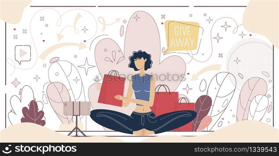Online Marketing Campaign with Gifts for Clients, Product for Woman Audience Advertising, New Brand Promotion in Internet Concept. Blogger Offering Goods to Subscribers Trendy Flat Vector Illustration