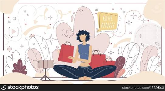 Online Marketing Campaign with Gifts for Clients, Product for Woman Audience Advertising, New Brand Promotion in Internet Concept. Blogger Offering Goods to Subscribers Trendy Flat Vector Illustration
