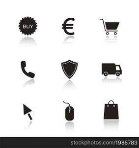 Online marketing drop shadow icons set. E-commerce and web store black user interface buttons. Supermarket cast shadow silhouettes illustrations isolated on white. Vector infographics elements. Online marketing drop shadow icons set