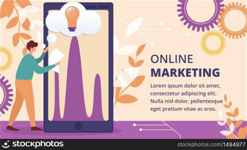 Online Marketing Horizontal Banner. Businessman Stand at Huge Smartphone with Data Analysis Diagram and Glowing Light Bulb on Screen with Cogwheels and Plants around. Cartoon Flat Vector Illustration. Businessman Stand at Smartphone with Light Bulb