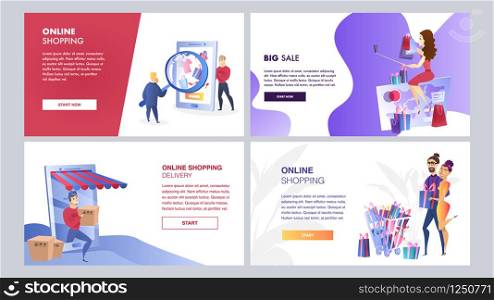 Online Marketing Set of Vector Color Templates. Mass Media, Online Shopping, Search engine, Customer Retention Walkthrough Steps Flat Illustration. Online Advertising Strategy. UX, UI Interface. Online marketing set of vector color templates