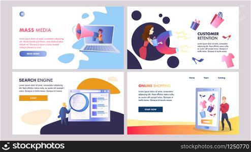 Online Marketing Set of Vector Color Templates. Online Advertising Strategy. Mass Media, Online Shopping, Search Engine, Customer Retention Walkthrough Steps Flat Illustration. UX, UI Interface. Online marketing set of vector color templates