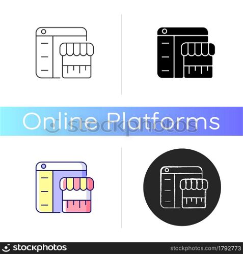 Online marketplace icon. Buying, selling items. Shopping from different sources. E-commerce. Digital middleman. Purchase stuff online. Linear black and RGB color styles. Isolated vector illustrations. Online marketplace icon