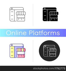 Online marketplace icon. Buying, selling items. Shopping from different sources. E-commerce. Digital middleman. Purchase stuff online. Linear black and RGB color styles. Isolated vector illustrations. Online marketplace icon