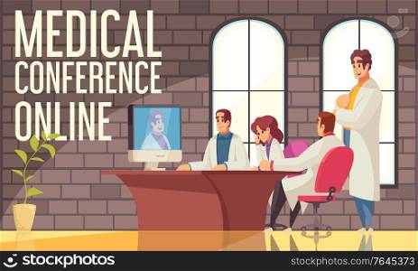 Online medical conference composition with doctors in office at online conference via computer vector illustration