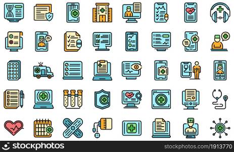 Online medical consultation icons set. Outline set of online medical consultation vector icons thin line color flat isolated on white. Online medical consultation icons set line color vector