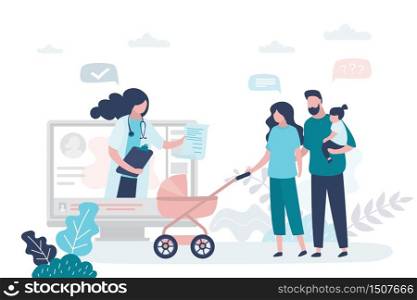 Online medical consultation,recommendations of a physician. Medical site on computer monitor. Internet chat. Family and doctor.Healthcare concept banner. Trendy style Vector illustration