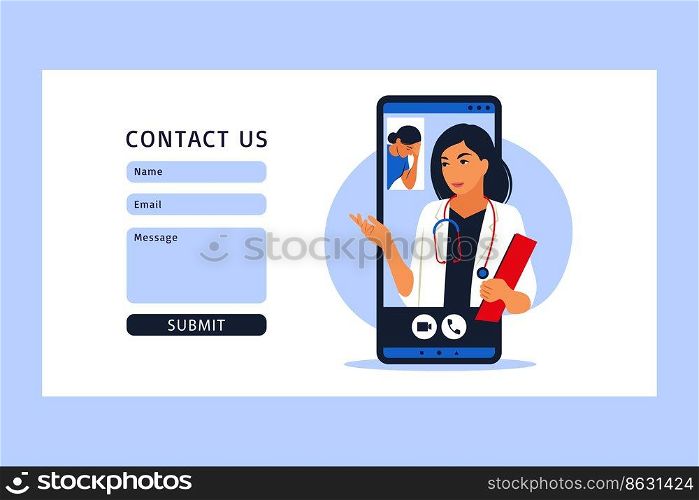 Online medical consultation, support. Online doctor. Healthcare services. Family female doctor with stethoscope on smartphone. Contact us. Vector illustration. Flat.