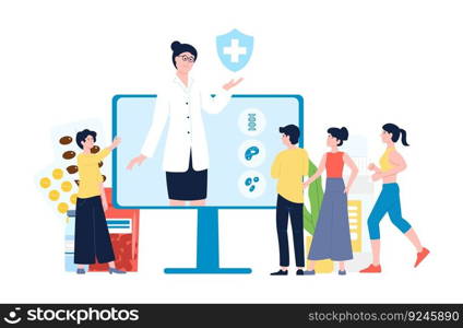 Online medical consultation, telemedicine. People and doctor on computer monitor screen. Pills, web pharmacy store and patients vector scene of medicine online, medical consultation illustration. Online medical consultation, telemedicine concept. People and doctor on computer monitor screen. Pills, web pharmacy store and patients vector scene