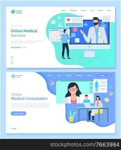 Online medical consultation vector, help of professionals at hospital. Meeting with patient and diagnosis, analysis research conclusion for client. Website or webpage template, landing page flat style. Online Medical Consultation, Doctors Aid Website
