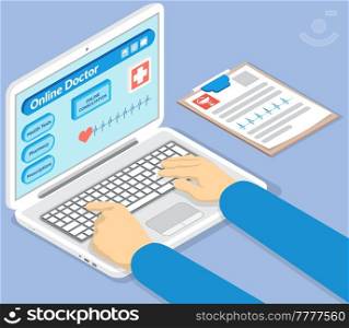 Online medical consultation with doctor concept, medical application on computer screen. Opened laptop with special program on screen for remote communication with doctor, hands typing on keyboard. Online medical consultation with doctor, medical application on computer, hands typing on keyboard