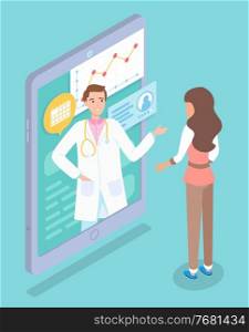 Online medical consultation with doctor concept vector illustration, medical application on the phone. Mobile phone screen with a doctor therapist man talking to patient woman on smartphone app. Online medical consultation with doctor concept vector illustration, medical application on the phone