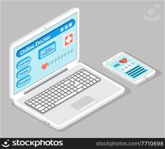 Online medical consultation with doctor concept vector illustration, medical application on the phone flat style. Opened laptop with a special program on screen for remote communication with a doctor. Online medical consultation with doctor concept vector illustration, medical application