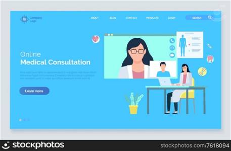 Online medical consultation, woman video chat, monitor of laptop, heart and teeth, dna and injection icons, hospital app, diagnostic care vector. Website or webpage template, landing page flat style. Medical Web Care, Assistance Consultation Vector