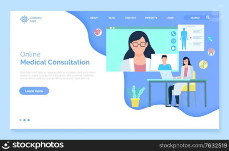 Online medical consultation, woman video chat, monitor of laptop, heart and teeth, dna and injection icons, hospital app, diagnostic care vector. Website or webpage template, landing page flat style. Medical Web Care, Assistance Consultation Vector