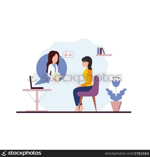Online medical consultations. A woman doctor treats at home remotely via the Internet. Stylized vector flat illustration. Banner advertising. Consultation of a medical specialist is required.