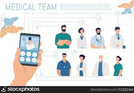 Online Medical Diagnosis Service. Cartoon Human Hand Holding Phone with Open Chat with Male Doctor Giving Consultation via Internet. Hospital Team in Uniform Presentation. Vector Flat Illustration. Online Medical Diagnosis and Consultation Service