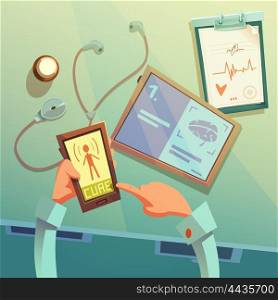 Online Medical Help Background. Online medical help cartoon background with medical equipment vector illustration