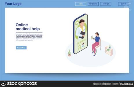 Online medical help isometric webpage template. 3d patient explaining symptoms using ehealth mobile app. Remote doctor consulting client. Telemedicine smartphone application promotion homepage . Online medical help isometric webpage template. 3d patient explaining symptoms using ehealth mobile app. Remote doctor consulting client. Telemedicine smartphone application promotion homepage