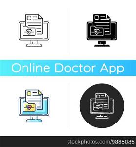Online medical history icon. Virtual storage for health records. Medical chart. Information about allergies, surgeries. Linear black and RGB color styles. Isolated vector illustrations. Online medical history icon