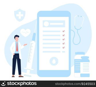 Online medical record, health report on smartphone screen. Medicine check up and doctor. Digital medicine service, telemedicine recent vector concept. Illustration of medical record. Online medical record, health report on smartphone screen. Medicine check up and doctor. Digital medicine service, telemedicine recent vector concept